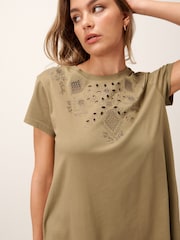 Khaki Green Embroidered Jersey Summer Mini Dress - Image 4 of 7