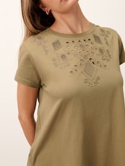 Khaki Green Embroidered Jersey Summer Mini Dress - Image 5 of 7