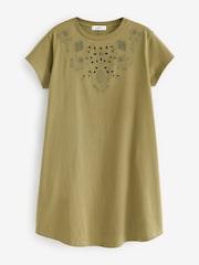 Khaki Green Embroidered Jersey Summer Mini Dress - Image 6 of 7