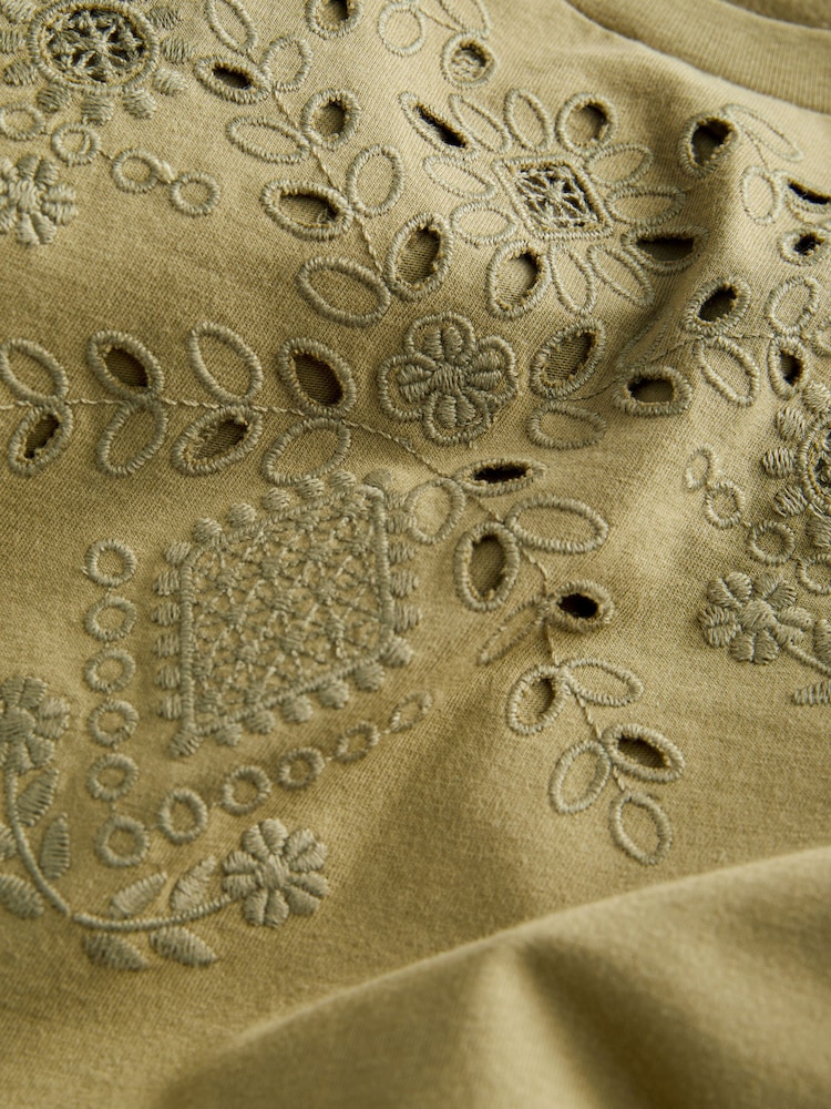 Khaki Green Embroidered Jersey Summer Mini Dress - Image 7 of 7