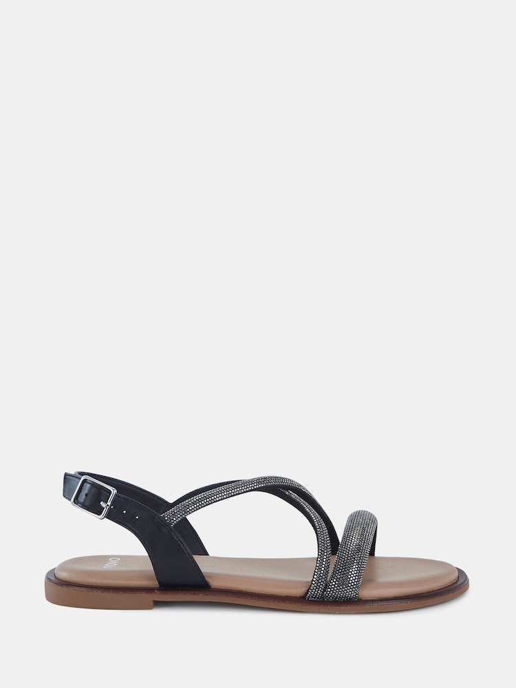 Novo Black Twinkle Diamante Trim Flat Sandals - Image 1 of 5