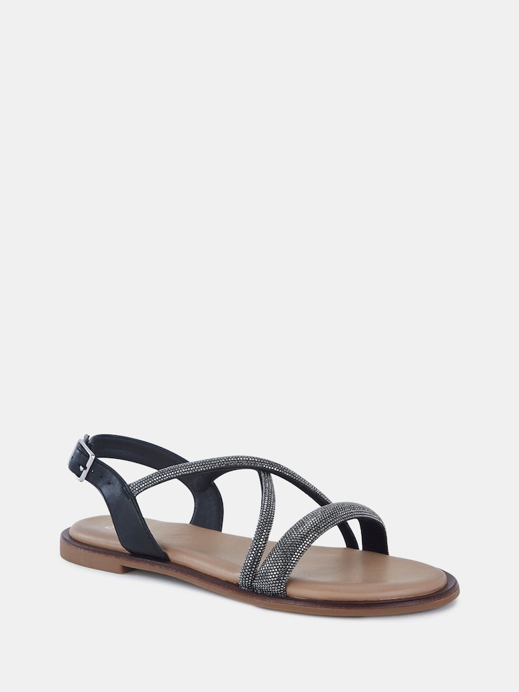 Novo Black Twinkle Diamante Trim Flat Sandals - Image 2 of 5