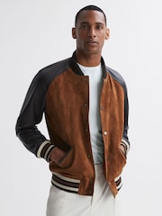 Reiss Tobacco Mackay Suede Leather Bomber Jacket - Image 1 of 5