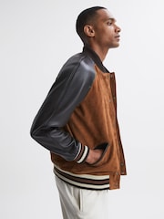 Reiss Tobacco Mackay Suede Leather Bomber Jacket - Image 3 of 5