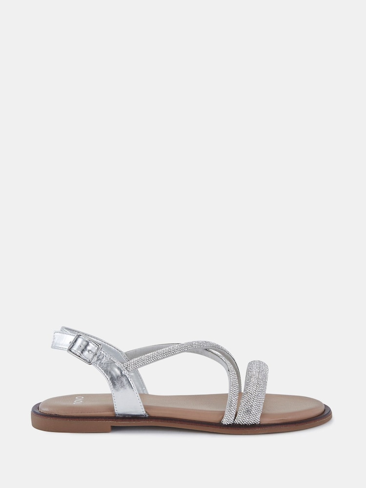 Novo Silver Twinkle Diamante Trim Flat Sandals - Image 2 of 6