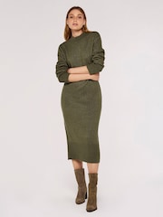 Apricot Khaki Green Chunky Knit High Neck Midi Dress - Image 1 of 4