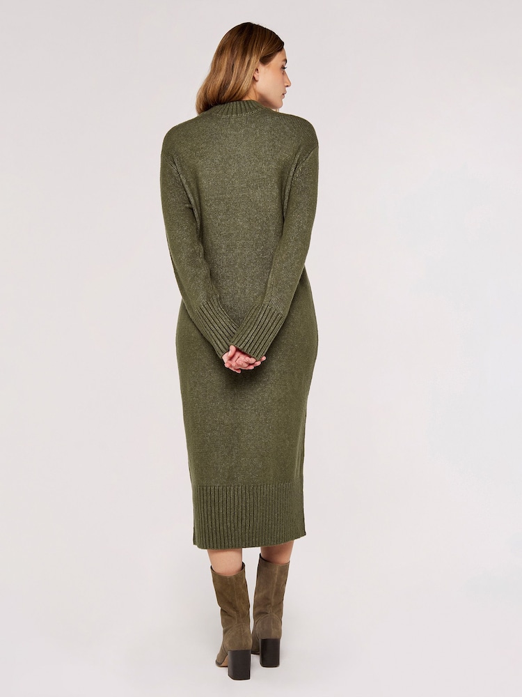 Apricot Khaki Green Chunky Knit High Neck Midi Dress - Image 2 of 4