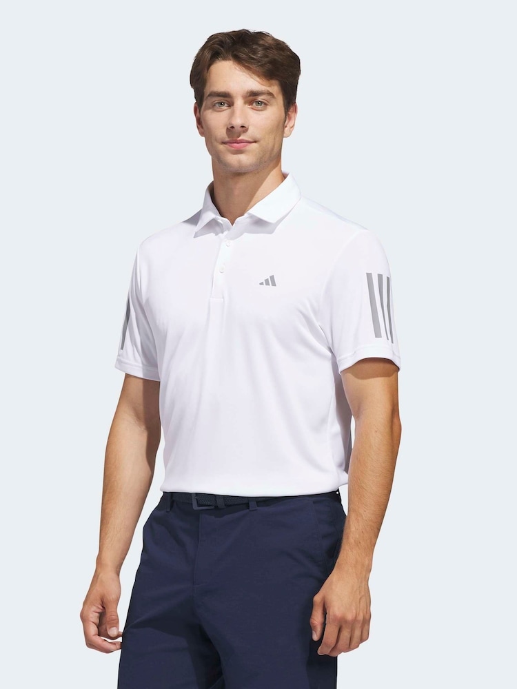 adidas Golf White Performance 3 Stripe Polo Shirt - Image 1 of 6 adidas Golf White Performance 3 Stripe Polo Shirt - Image 1 of 6