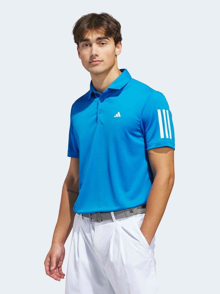 adidas Golf Blue Performance 3 Stripe Polo Shirt - Image 1 of 6 adidas Golf Blue Performance 3 Stripe Polo Shirt - Image 1 of 6