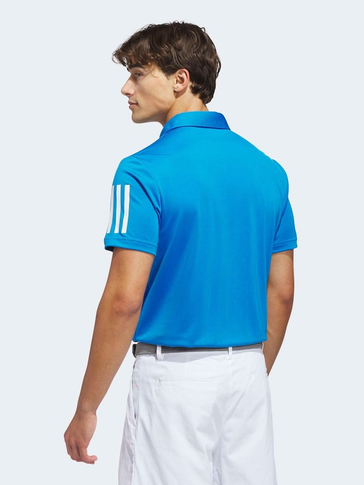 adidas Golf Blue Performance 3 Stripe Polo Shirt - Image 2 of 6 adidas Golf Blue Performance 3 Stripe Polo Shirt - Image 2 of 6