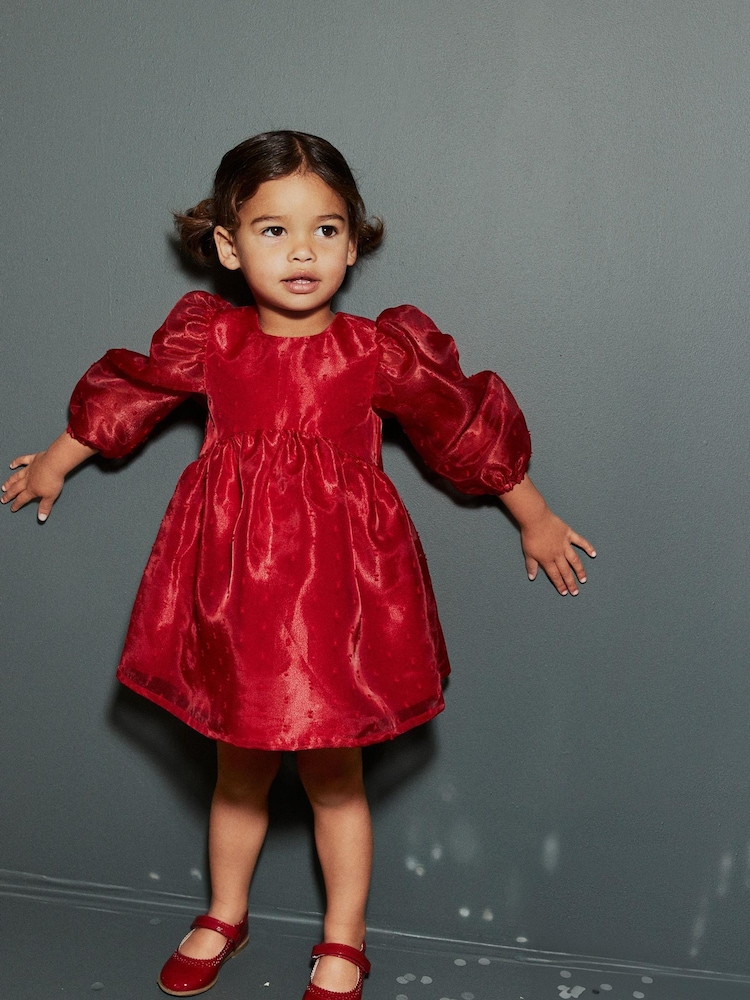 Red Dobby Organza Volume Sleeve Dress (12mths-8yrs) - Image 1 of 7