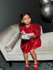 Red Dobby Organza Volume Sleeve Dress (12mths-8yrs) - Image 2 of 7