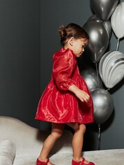 Red Dobby Organza Volume Sleeve Dress (12mths-8yrs) - Image 3 of 7