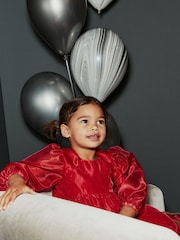 Red Dobby Organza Volume Sleeve Dress (12mths-8yrs) - Image 4 of 7