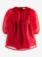 Red Dobby Organza Volume Sleeve Dress (12mths-8yrs) - Image 5 of 7