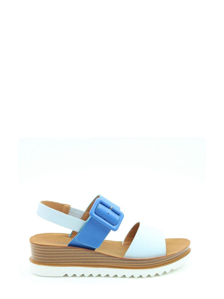 Heavenly Feet Ladies Blue Low Wedge Comfort Sandals - Image 1 of 4 Heavenly Feet Ladies Blue Low Wedge Comfort Sandals - Image 1 of 4