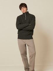 Khaki Green Regular Knitted Zip Neck Jumper - Image 2 of 7