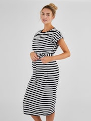 JoJo Maman Bébé Black Cream Stripe Maternity & Nursing Midi T-Shirt Dress - Image 2 of 5