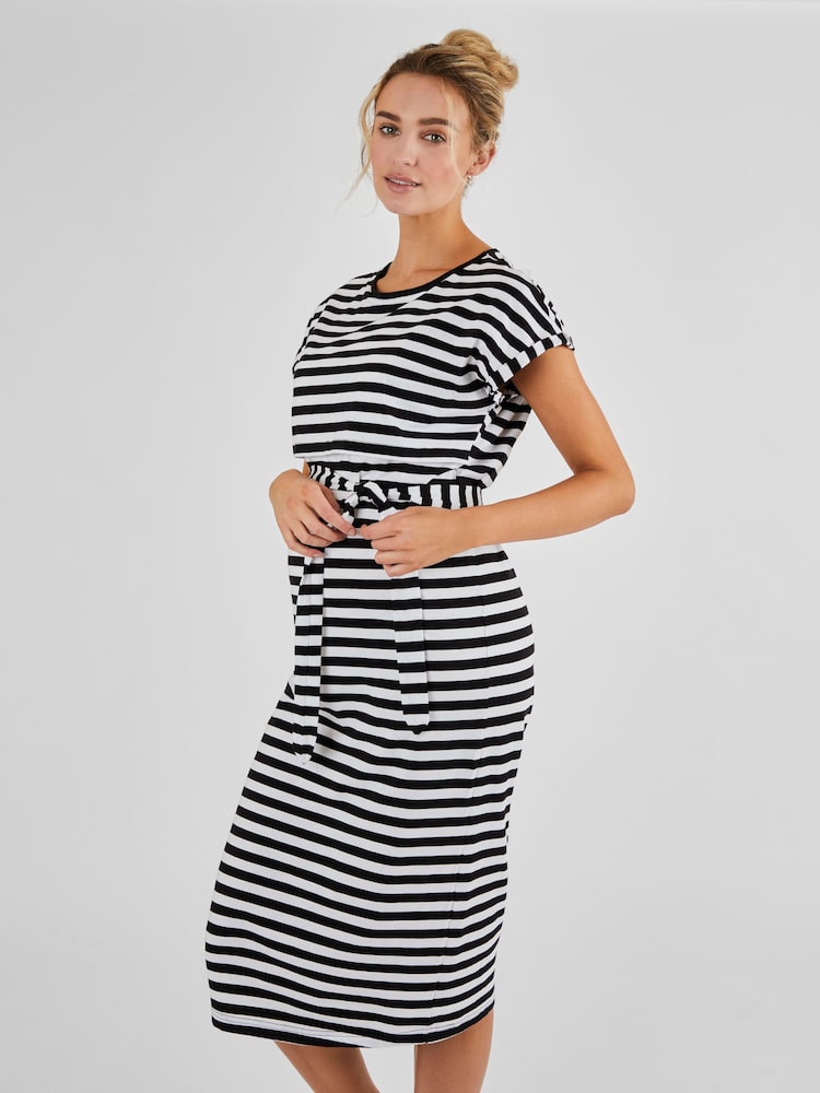 JoJo Maman Bébé Black Cream Stripe Maternity & Nursing Midi T-Shirt Dress - Image 2 of 5