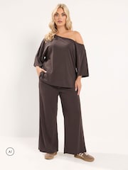 Yours Curve Brown Cotton Wide Leg Trousers - Image 1 of 6