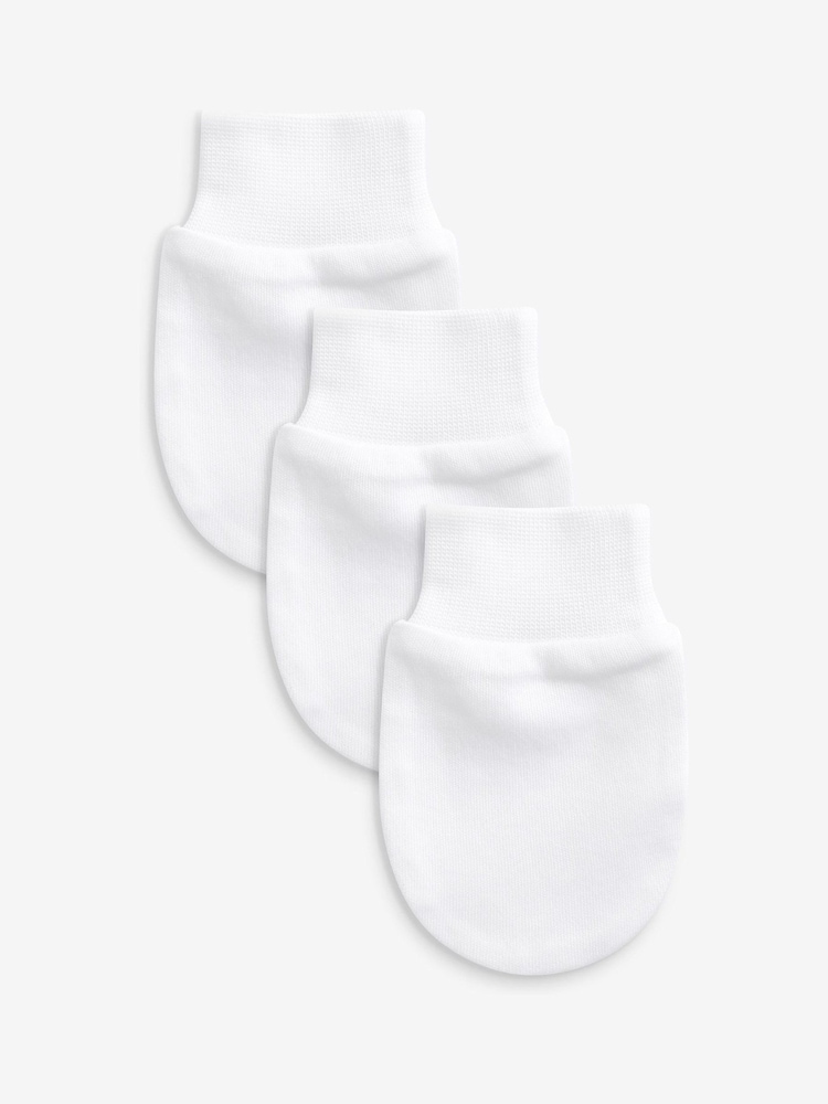 White 100% Cotton Baby Scratch Mitts 3 Pack - Image 1 of 2