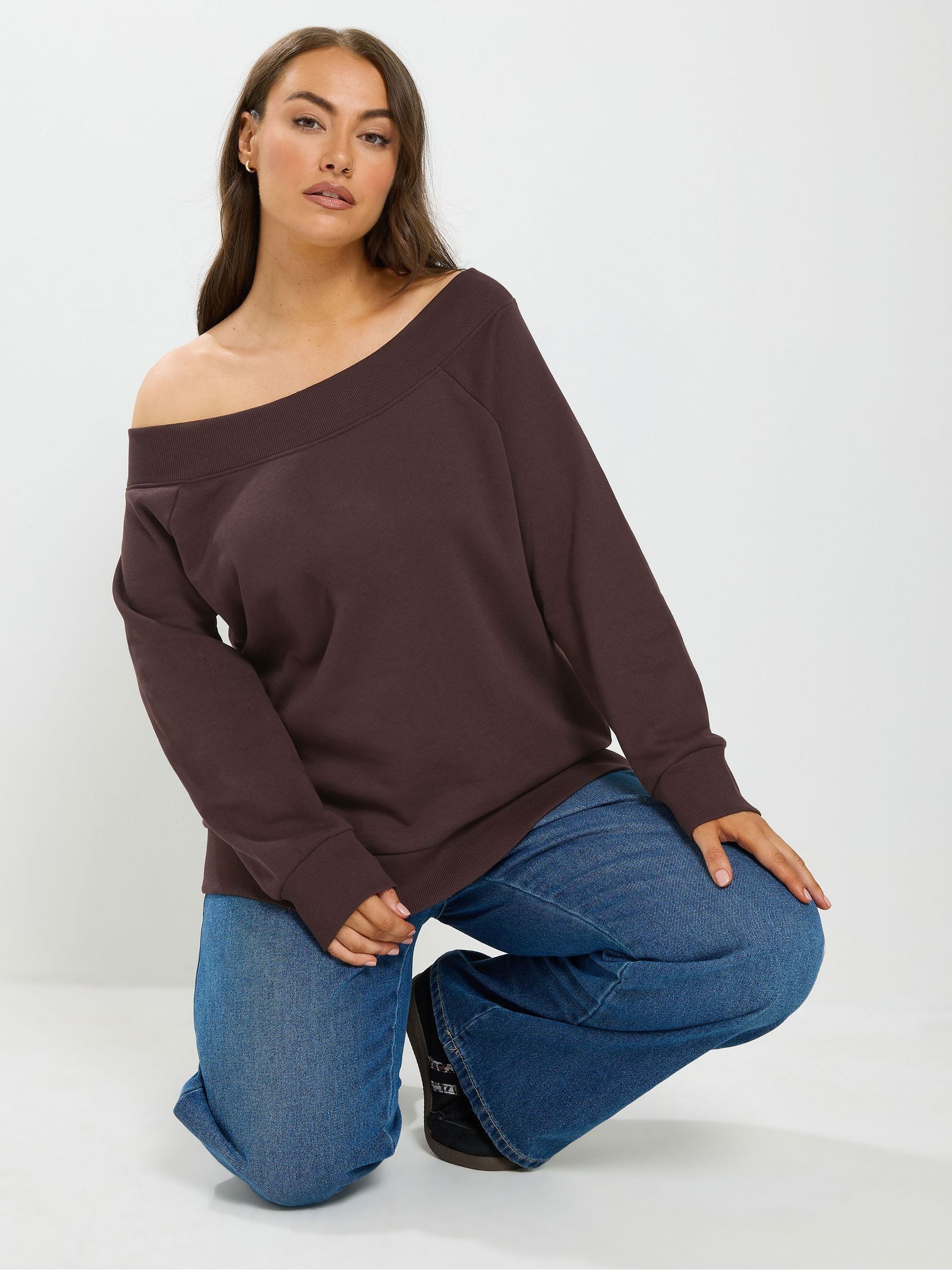 Yours Women's Chocolate Shoulder Ribbed Sweatshirt In | Size: 34/36 - Image 2