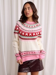 Threadbare Pink Fairisle Cable Knit Christmas Jumper - Image 1 of 5
