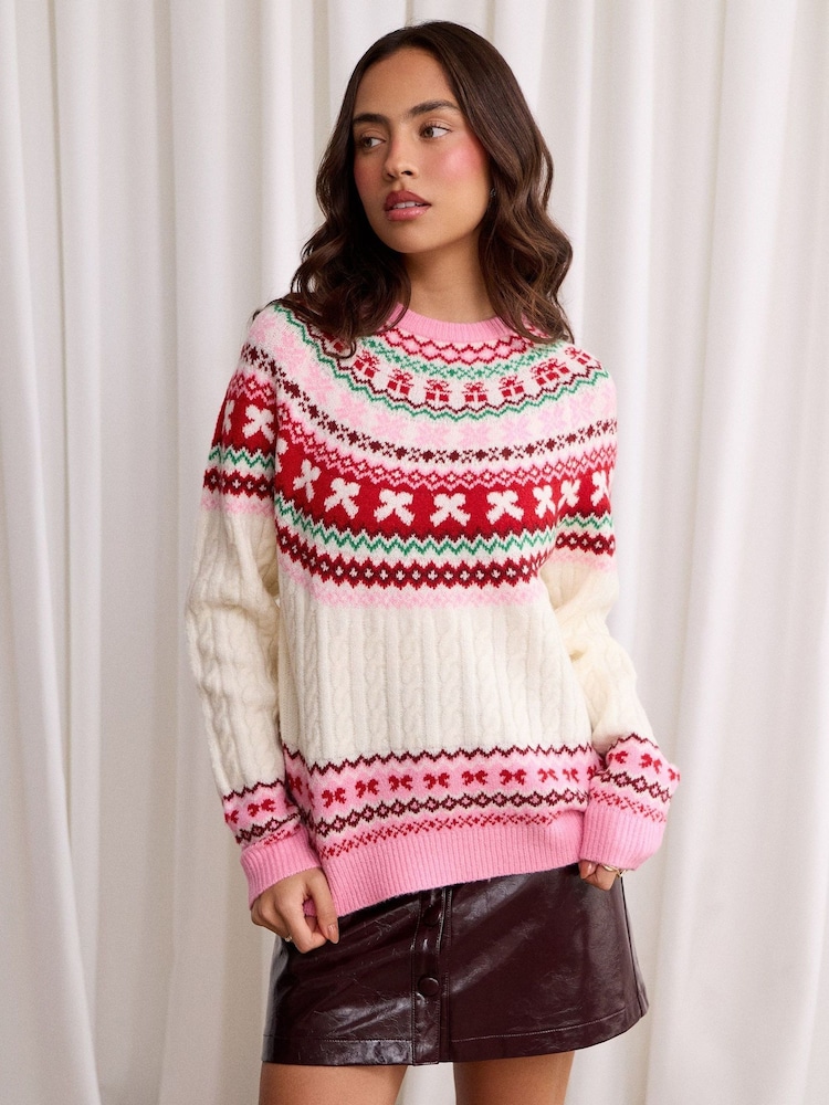 Threadbare Pink Fairisle Cable Knit Christmas Jumper - Image 1 of 5 Threadbare Pink Fairisle Cable Knit Christmas Jumper - Image 1 of 5