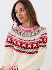 Threadbare Pink Fairisle Cable Knit Christmas Jumper - Image 3 of 5