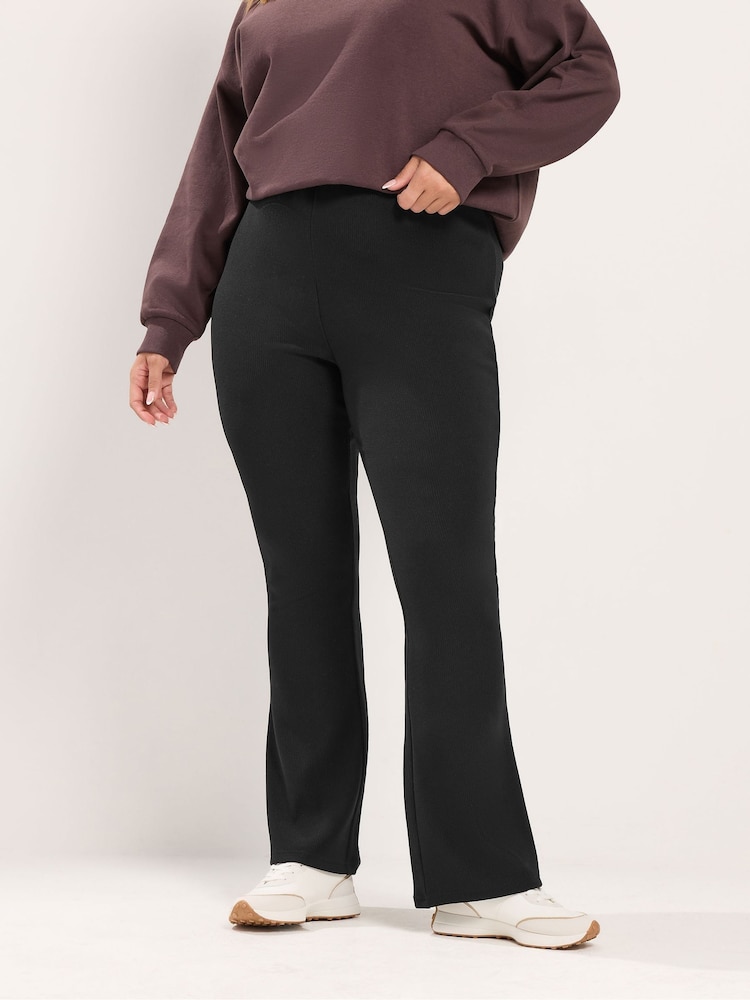 Yours Curve Black Ottoman Ribbed Flare Leggings - Image 2 of 6 Yours Curve Black Ottoman Ribbed Flare Leggings - Image 2 of 6