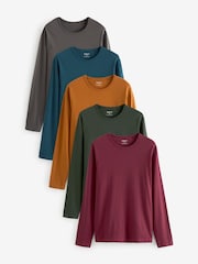 Rich Green/Blue/Orange/Grey Long Sleeve 100% Cotton T-Shirts 5 Pack - Image 1 of 11
