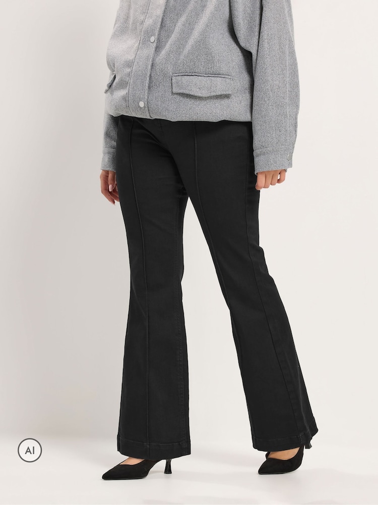 Yours Curve Black Pintuck Flared Denim Jeans - Image 1 of 6