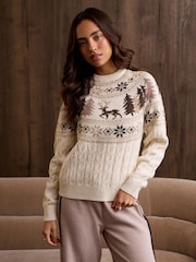 Threadbare Cream Reindeer Forest Fairisle Christmas Jumper - Image 1 of 4