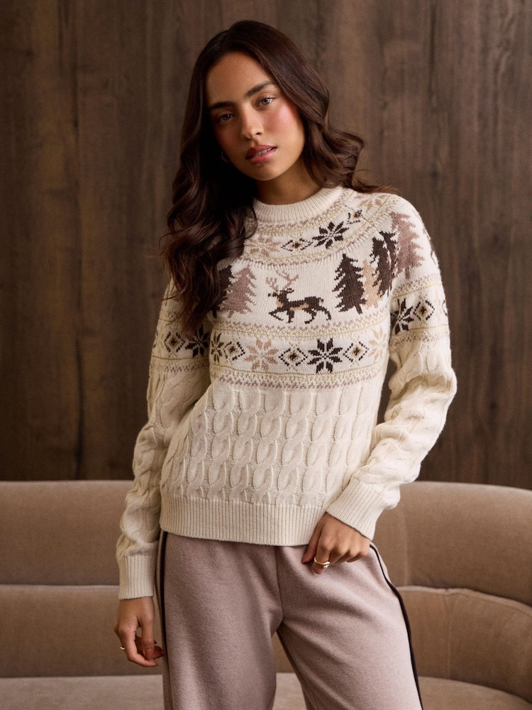 Threadbare Cream Reindeer Forest Fairisle Christmas Jumper - Image 1 of 4