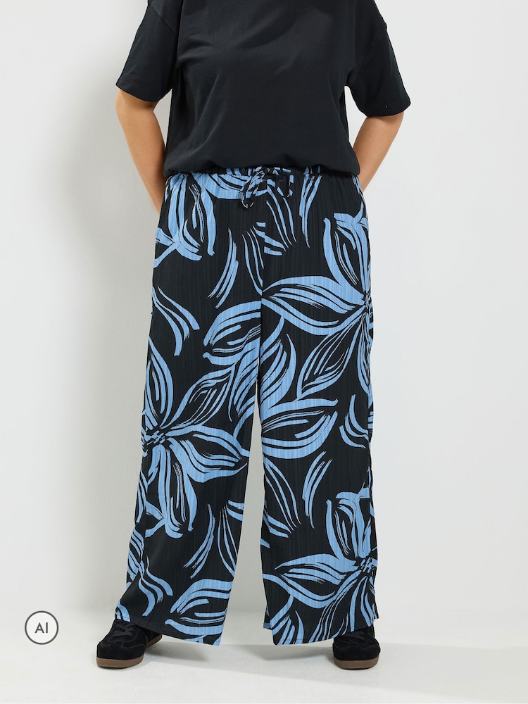 Yours Curve Black Floral Wide Leg Trousers - Image 1 of 6
