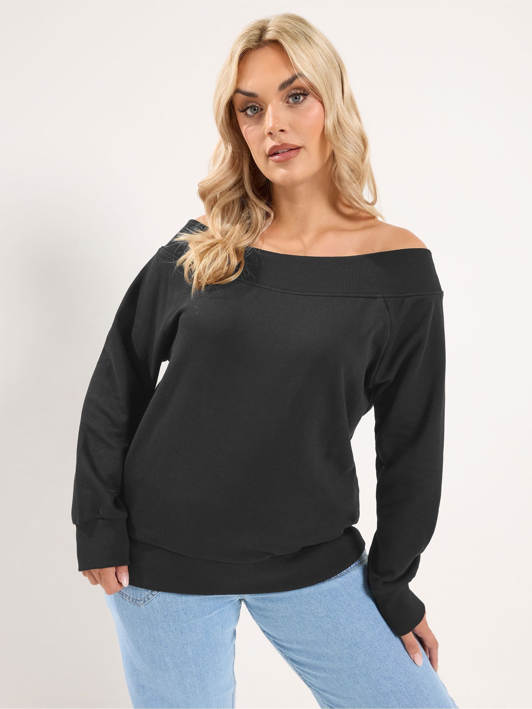 Yours Curve Women's Black Off Shoulder Ribbed Sweatshirt - Image 1