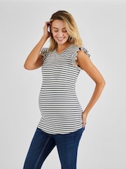JoJo Maman Bébé Ecru Cream & Black Stripe Crew Neck Flutter Maternity Top - Image 1 of 5