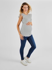 JoJo Maman Bébé Ecru Cream & Black Stripe Crew Neck Flutter Maternity Top - Image 3 of 5