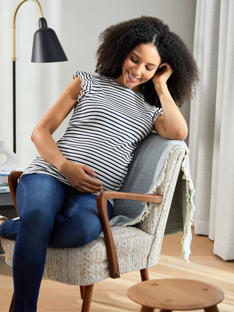 JoJo Maman Bébé Ecru Cream & Black Stripe Crew Neck Flutter Maternity Top - Image 5 of 5
