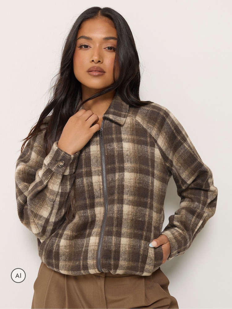 PixieGirl Petite Brown Check PU Collar Bomber Jacket - Image 1 of 6 PixieGirl Petite Brown Check PU Collar Bomber Jacket - Image 1 of 6