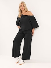 Yours Curve Black Cotton Wide Leg Trousers - Image 2 of 6