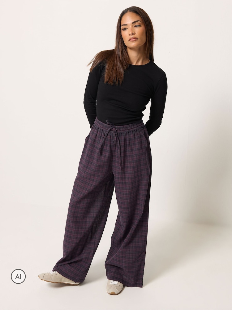 PixieGirl Petite Red Brushed Check Wide Leg Trousers - Image 1 of 6 PixieGirl Petite Red Brushed Check Wide Leg Trousers - Image 1 of 6