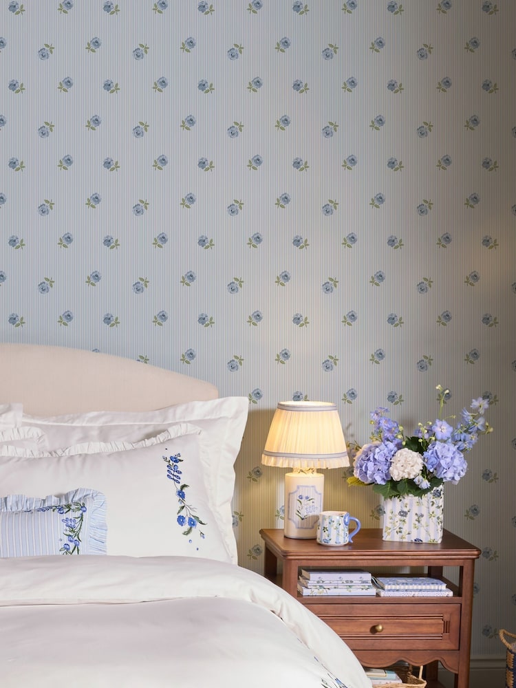 Cath Kidston Blue Rose Spaced Stripe 10M Wallpaper - Image 1 of 5