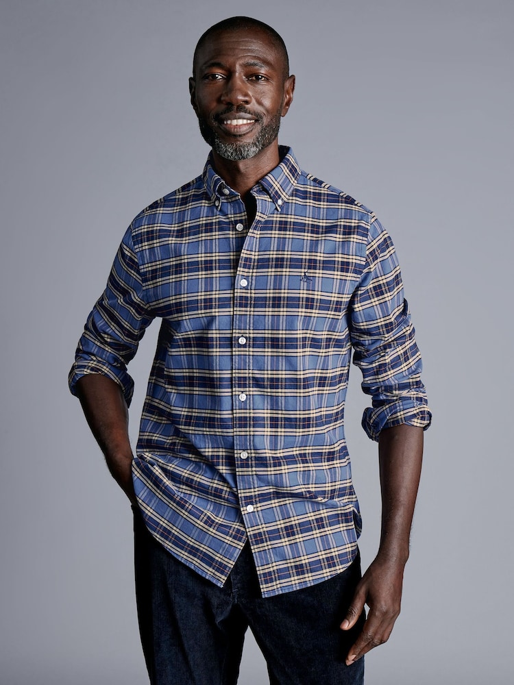 Charles Tyrwhitt Blue Overcheck Cf Button Down Brushed Washed Oxford 100% Cotton Shirt - Image 1 of 6