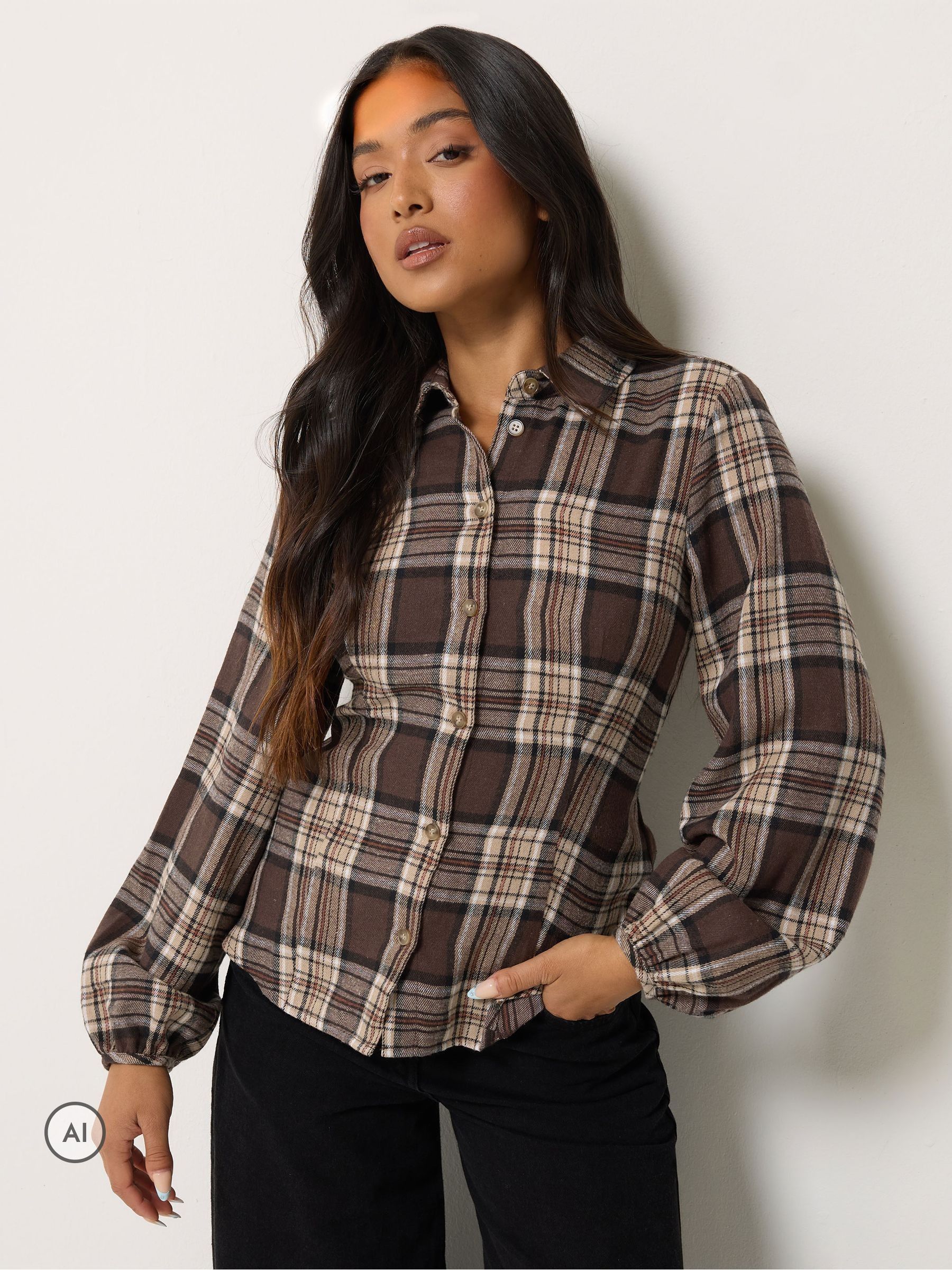 Pixiegirl Women's Brown Petite Check Fitted Shirt In | Size: 18 - Image 6