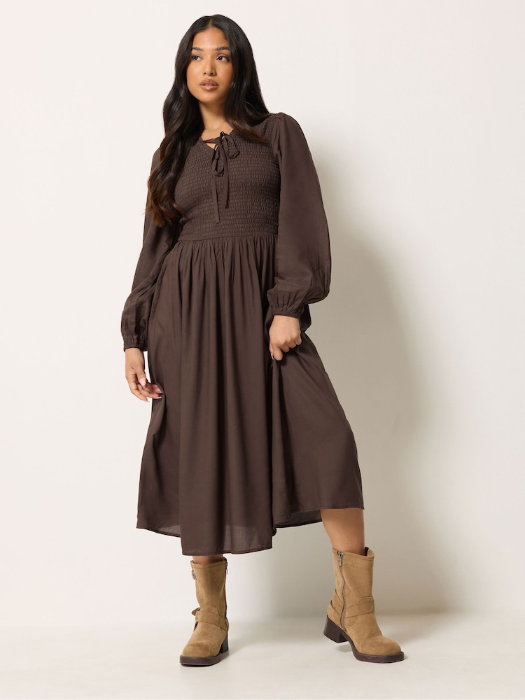 PixieGirl Petite Brown Shirred Midi Dress - Image 1 of 6