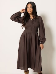 PixieGirl Petite Brown Shirred Midi Dress - Image 2 of 6