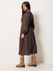 PixieGirl Petite Brown Shirred Midi Dress - Image 3 of 6