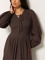 PixieGirl Petite Brown Shirred Midi Dress - Image 4 of 6
