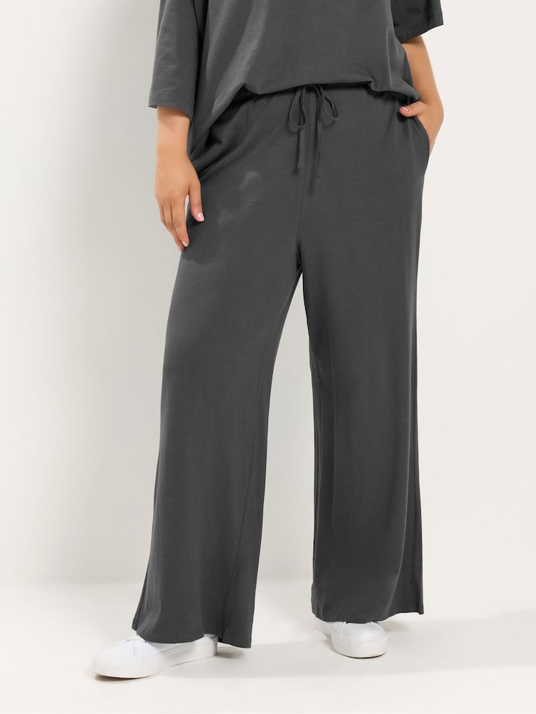Yours Curve Grey Cotton Wide Leg Trousers - Image 1 of 6